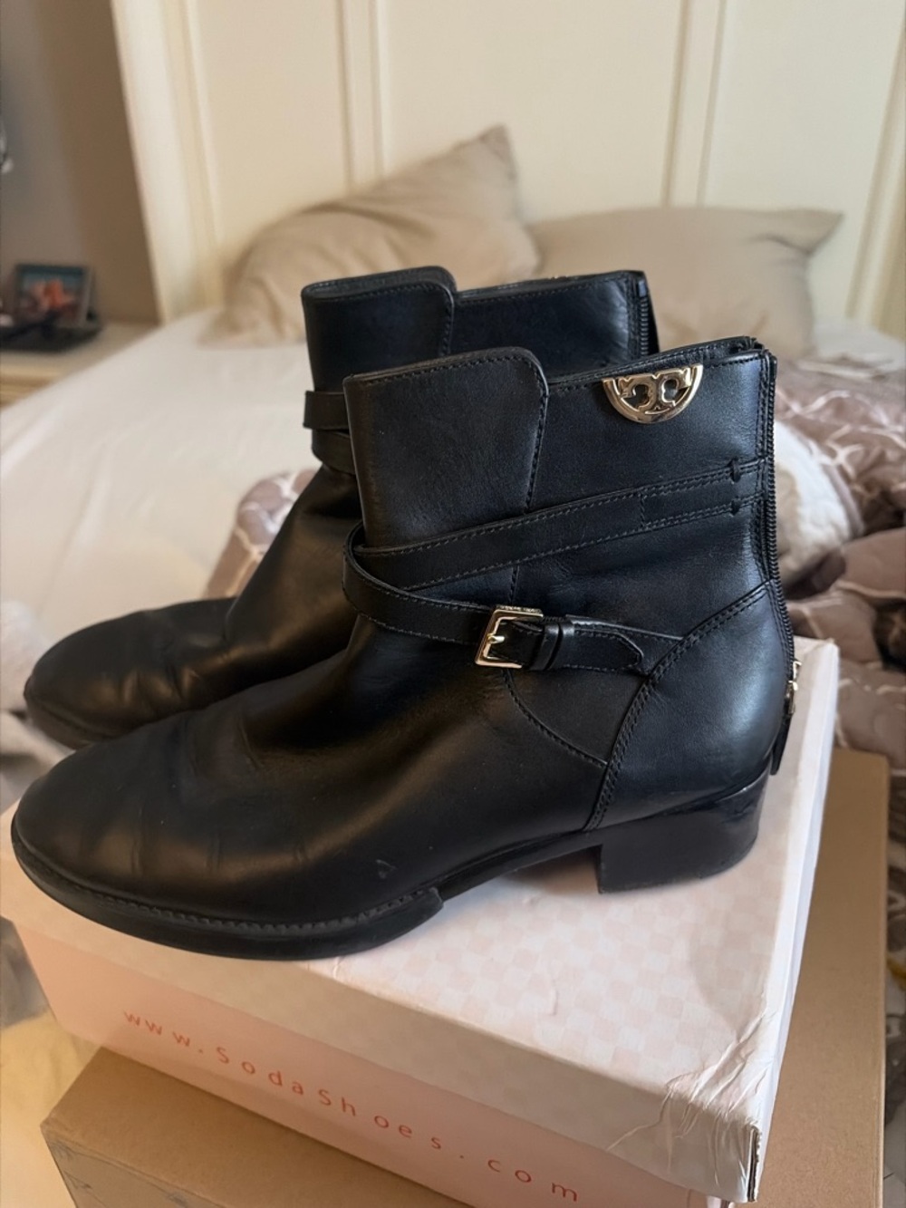 Tory Burch Black Leather Ankle Boots with Gold Logo